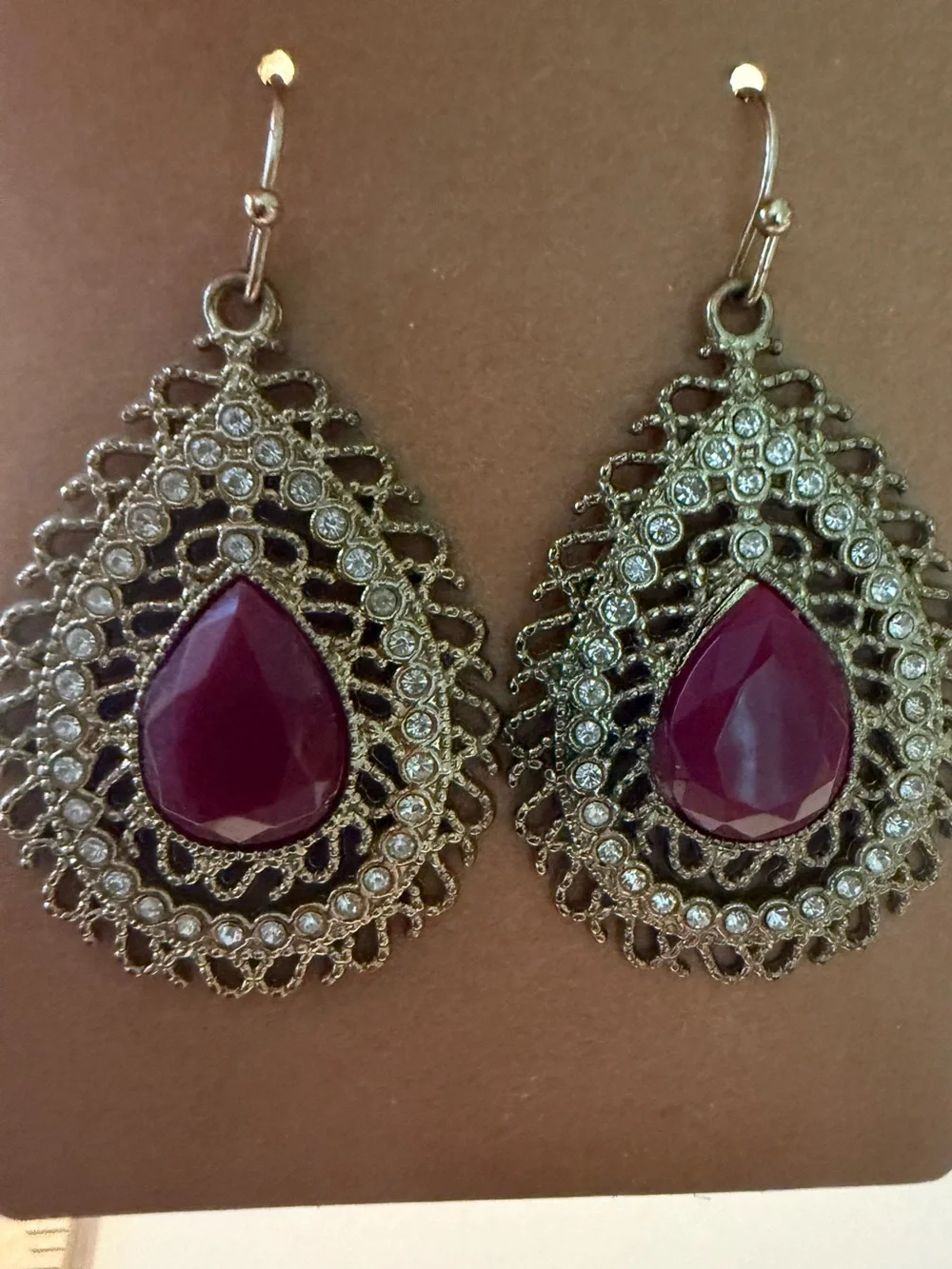 Elegant Gold Teardrop Earrings with Deep Pink Burgundy Gemstone - Women Jewelry